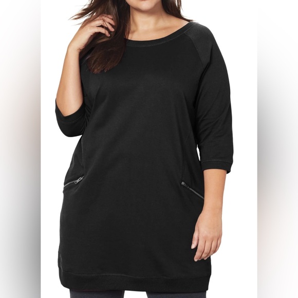 ellos Plus Size French Terry Zip Pocket Tunic Top 14/16 Black, 3/4 Sleeves - Picture 1 of 10